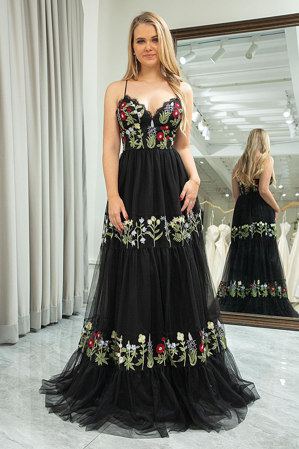 Ball Gown Spaghetti Straps Black Tulle Prom Dress Long Brush/Sweep Tra –  BallGownBridal